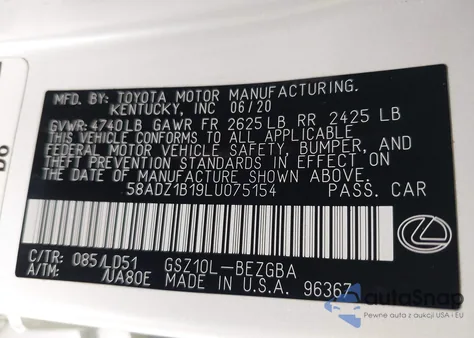 2020 Lexus Es 350 z USA, uszkodzony, nr VIN 58ADZ1B19LU075154